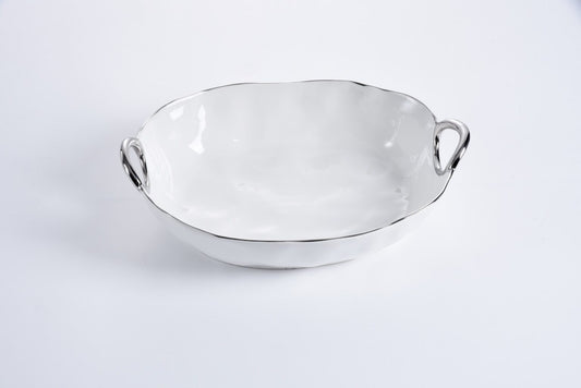 White Deep Oval Server with Silver Handles