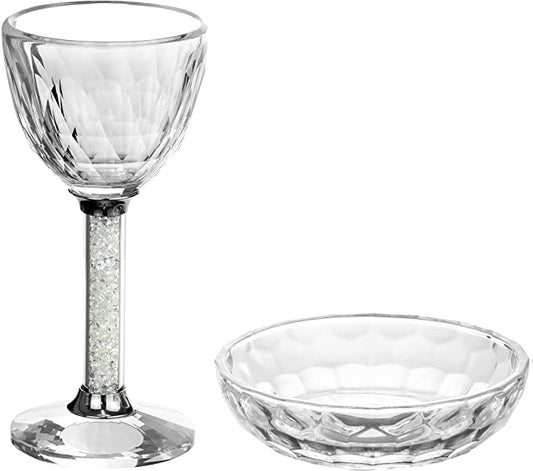 Crystal Kiddush Cup with Gemstones within the Stem and Coordinating Tray