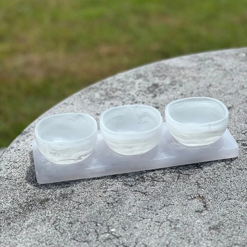 Resin White Swirl Dip Bowls and Tray