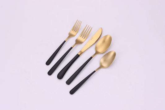 Coloblock 20 Pc Flatware Set Matte Gold With Black Handles, Service For 12