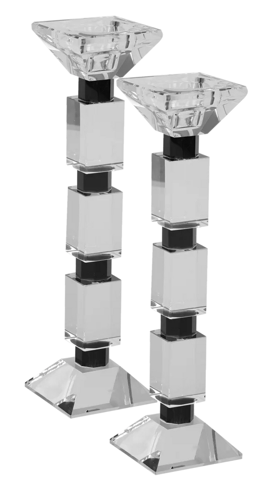 Set Of 2 Crystal Candlesticks Crystal And Black Rectangular Pattern 10"