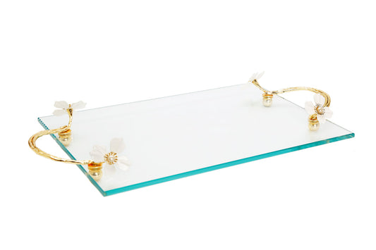Glass Tray with White Jeweled Flower Handles