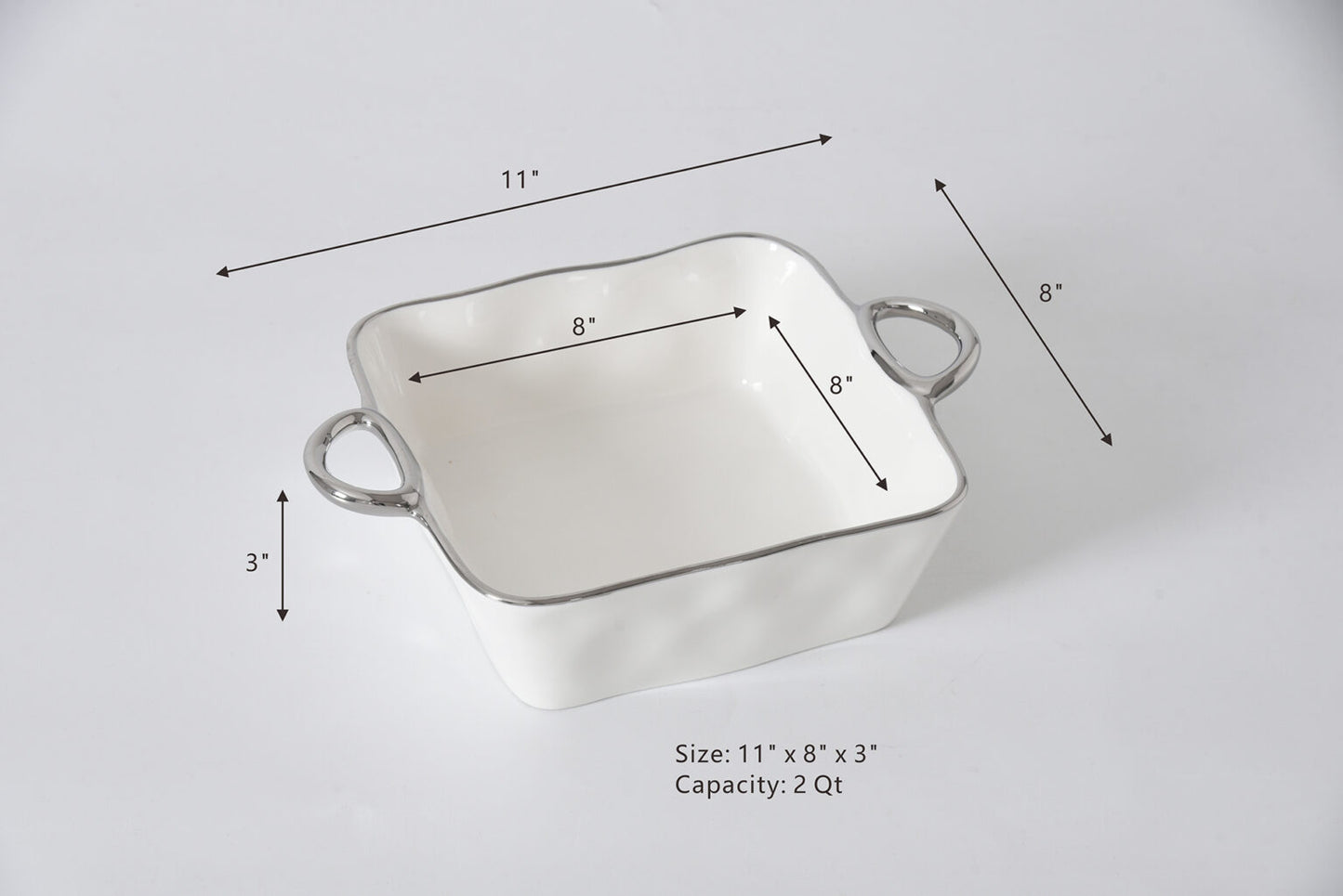 White with Silver Handles Square Baking Dish