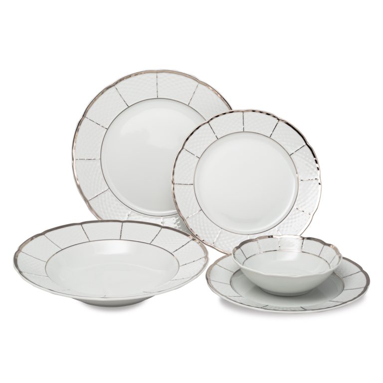 Vikko - Menuet, Fine Porcelain, White with Silver Accents, 20 Pc Dinnerware Set, Service for 4