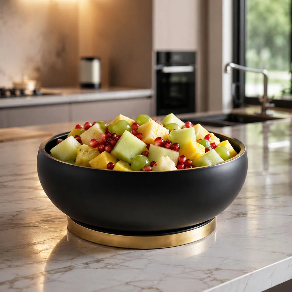 Matte Black Stainless Steel Round Salad Bowl with Base