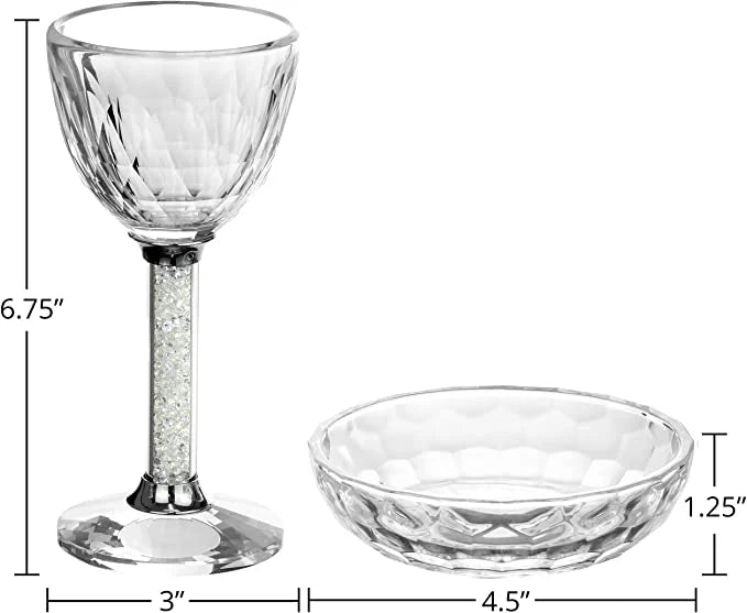 Crystal Kiddush Cup with Gemstones within the Stem and Coordinating Tray