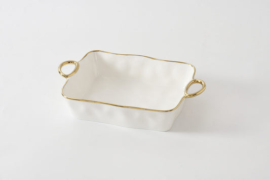 White with Gold Handles Rectangular Baking Dish