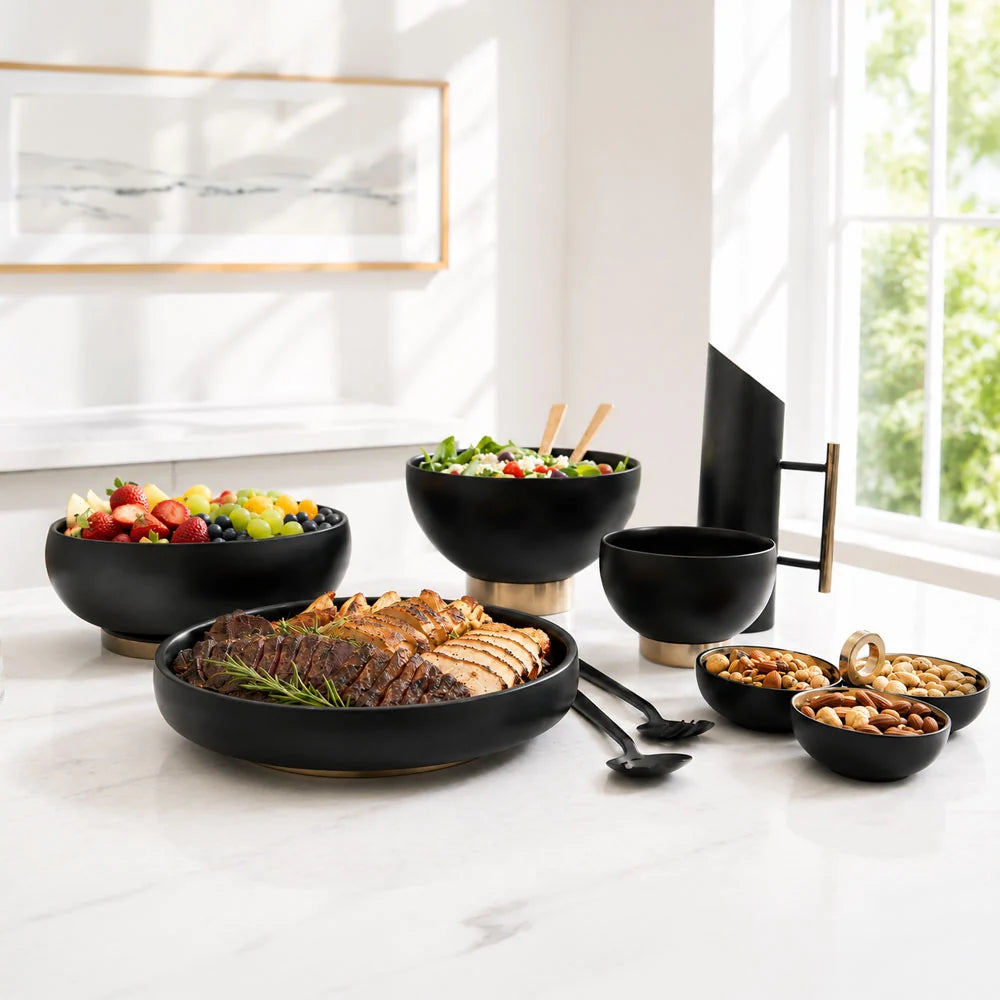 Matte Black Stainless Steel Round Salad Bowl with Base