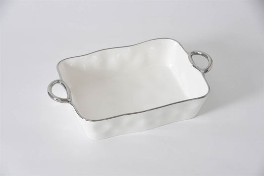 White with Silver Handles Rectangular Baking Dish