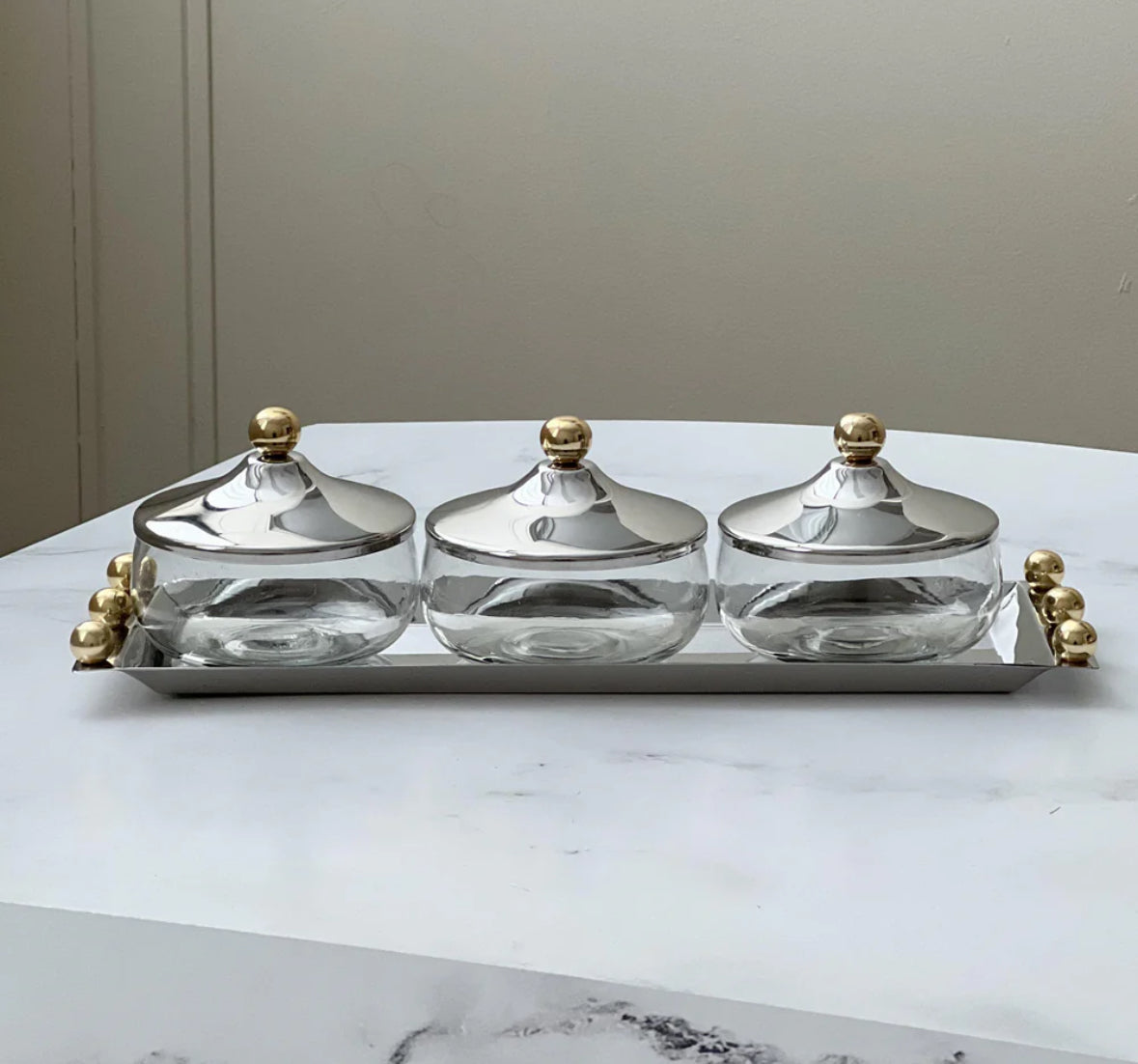 Stainless Steel Dip Tray & Bowls with Gold Balls
