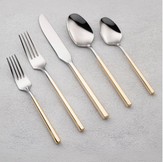 Vikko - Hexagon, Shiny Silver Ombre with Gold Handle, 20 Pc Flatware Set