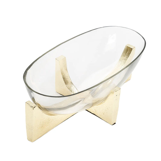 Glass Oval Bowl on Gold Block Base