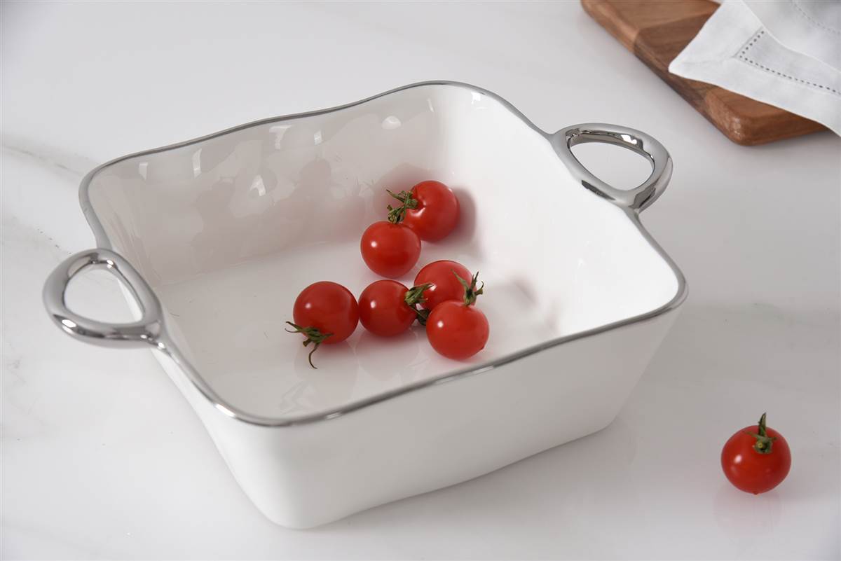 White with Silver Handles Square Baking Dish