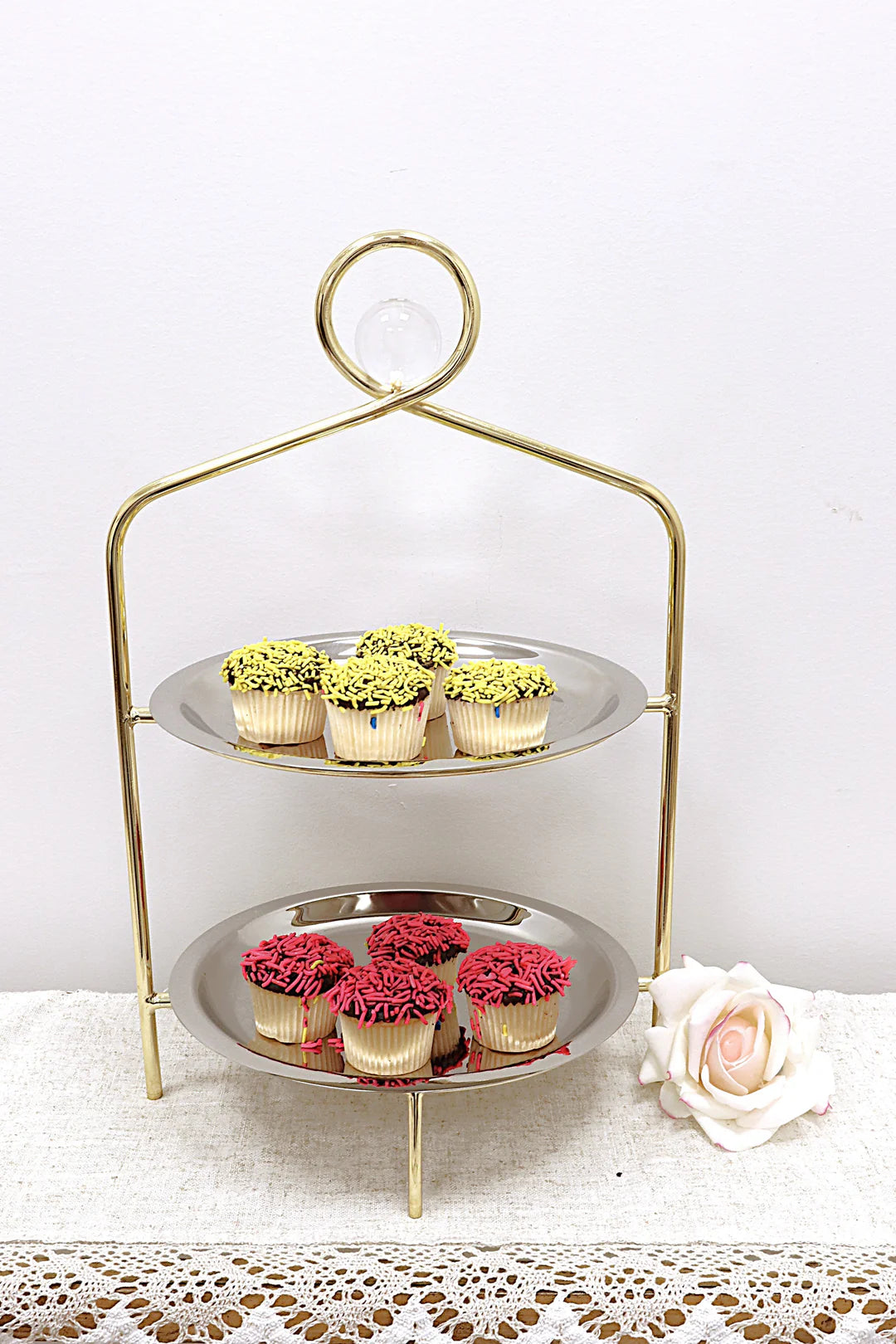 Silver 2 Tier Stand with Gold Frame and Ball Design - 16.5"H