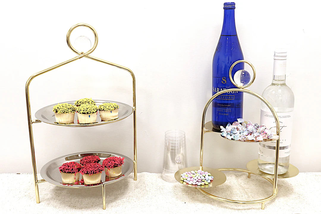 Silver 2 Tier Stand with Gold Frame and Ball Design - 16.5"H