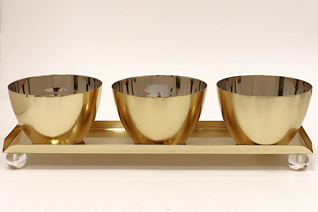 Gold 3 Bowl Relish Dish on Tray with Ball Legs - 14.8"L