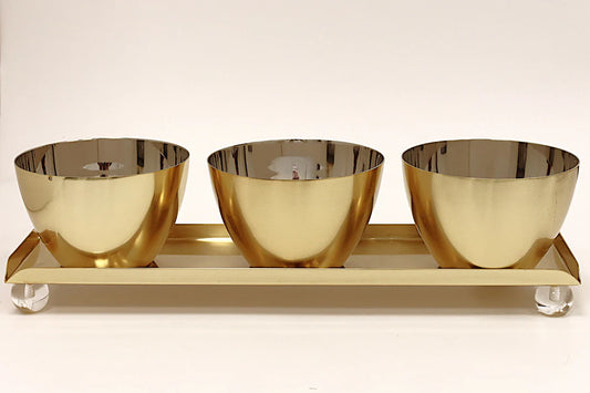 Gold 3 Bowl Relish Dish on Tray with Ball Legs - 14.8"L