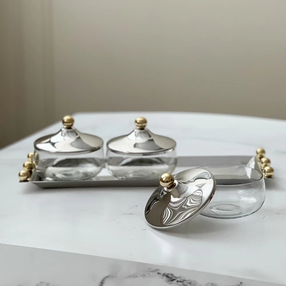 Stainless Steel Dip Tray & Bowls with Gold Balls