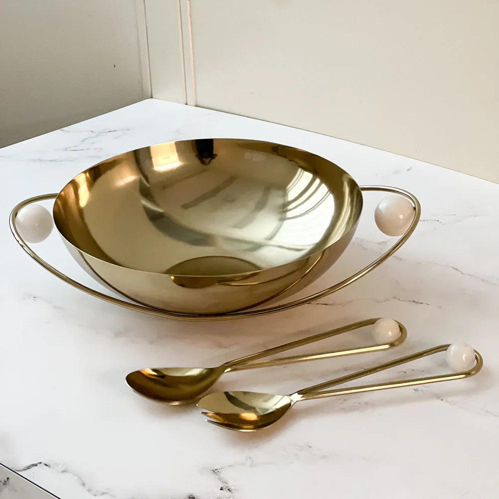 Stainless Steel Serving Bowl with Gold Handles and Balls