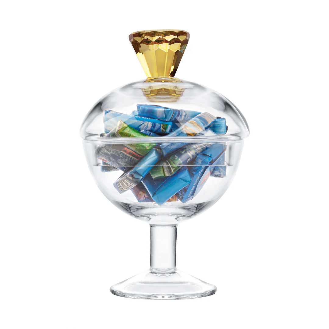 Glass Footed Jar With Amber Diamond Shaped Handle