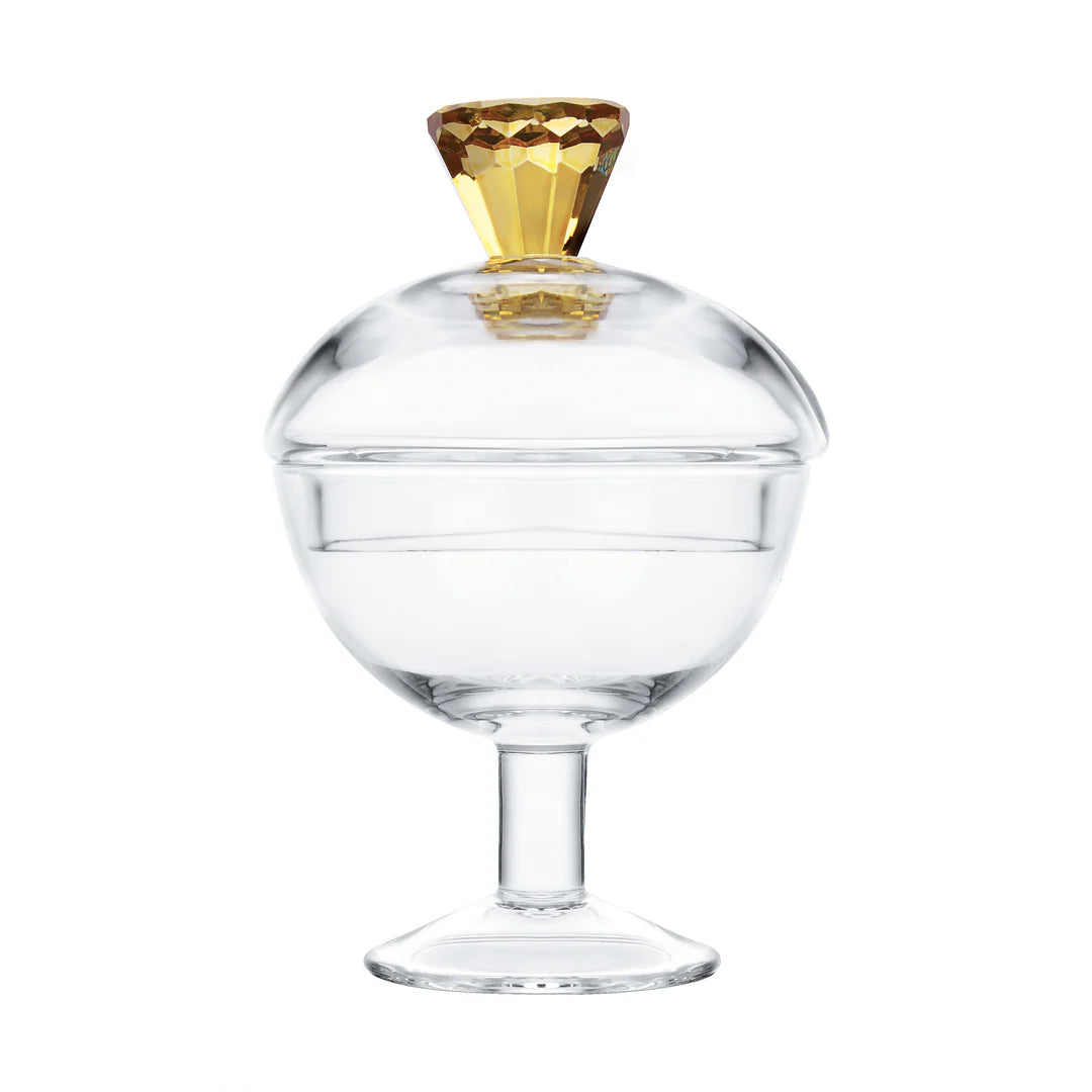 Glass Footed Jar With Amber Diamond Shaped Handle