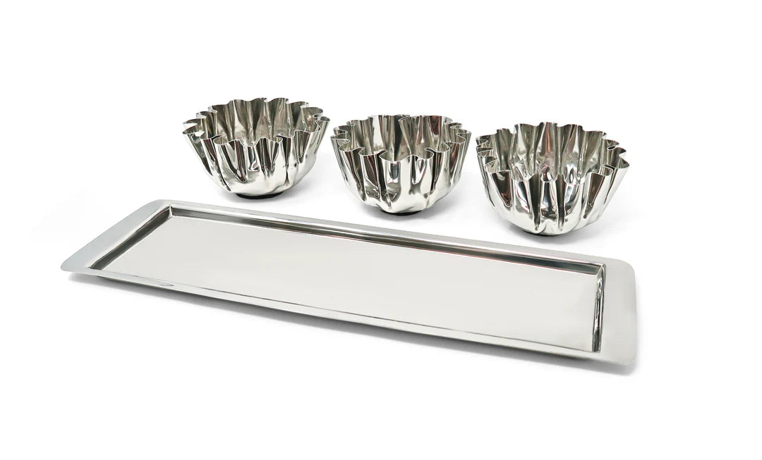 3 Bowl Stainless Steel Relish Dish On Tray, 17.25"L