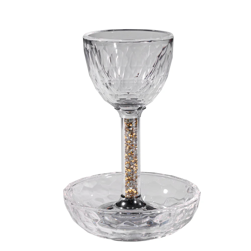 Crystal Kiddush Cup with Gemstones within the Stem and Coordinating Tray