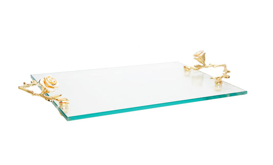 Glass Tray with White Rose Handles