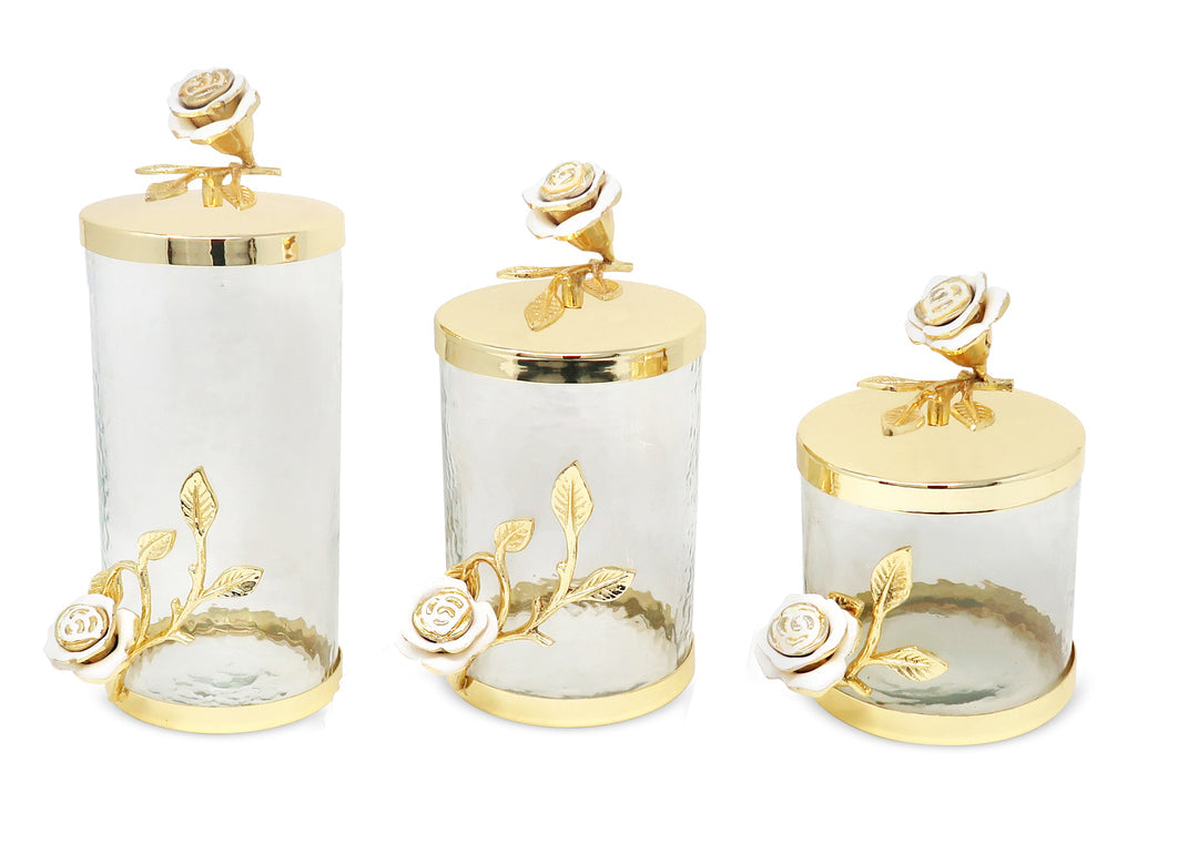 Set Of 3 Hammered Glass Canister with Rose Design, Stainless Lid