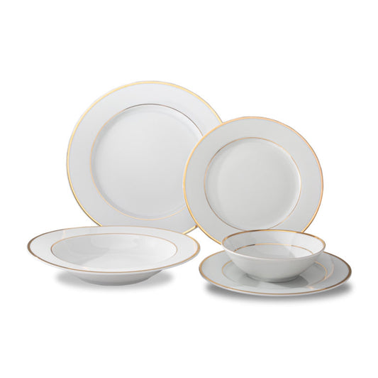 Louise Gold, White, 20 Pc Dinnerware Set, includes Service For 4, Dinner, Salad, Soup, Bread & Butter, Dessert